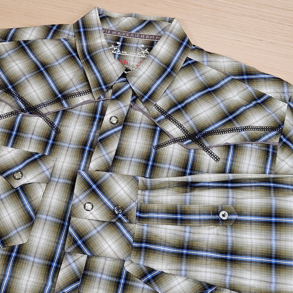 Rock 47 Western Pearl Snap Shirt Mens‎ M Green Plaid MRC158M Cowboy Rodeo